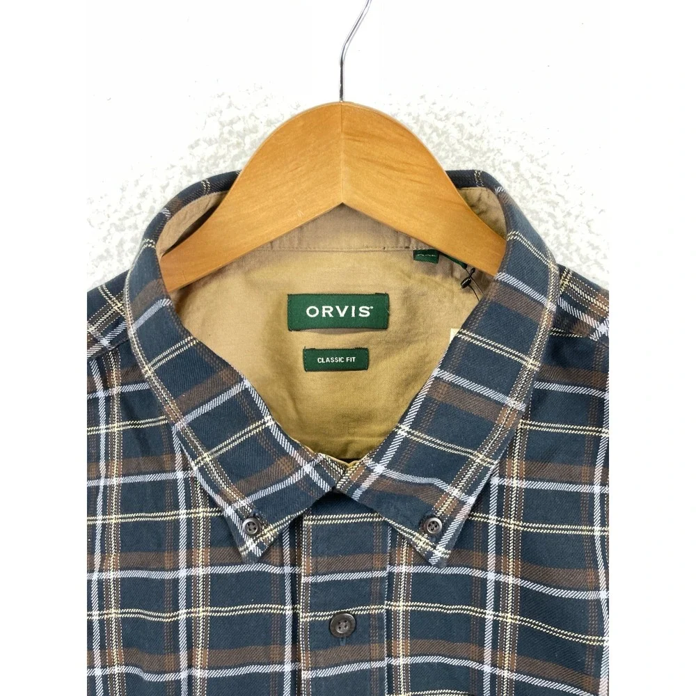 Orvis Men's Size XXL Classic Fit Plaid Button Down Shirt Navy Brown Cotton - Picture 2 of 9